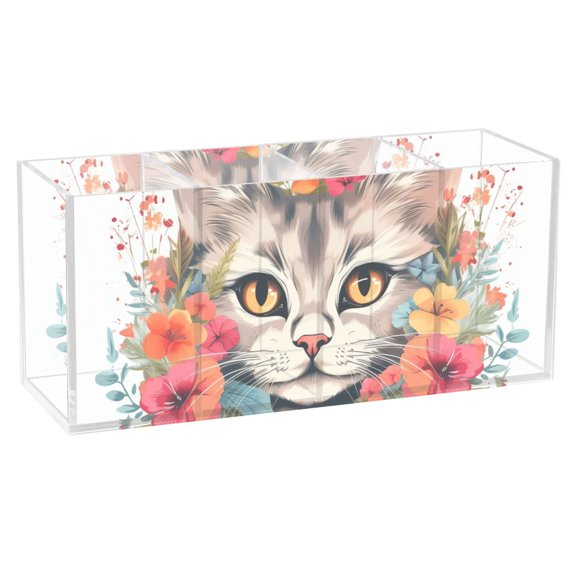 Cat Head Flowers Pencil Pen Cosmetic Holder Cup Makeup Brush Holder Desk Accessories Holder Acrylic Organizer for Office School Home