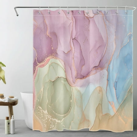 Pastel Marble Shower Curtain Decor,Purple Blue and Gold Modern Abstract Geometric Shower Curtain for Bathroom 60X72 inch Polyester Fabric Bathroom Decoration Bath Curtains Hooks Included