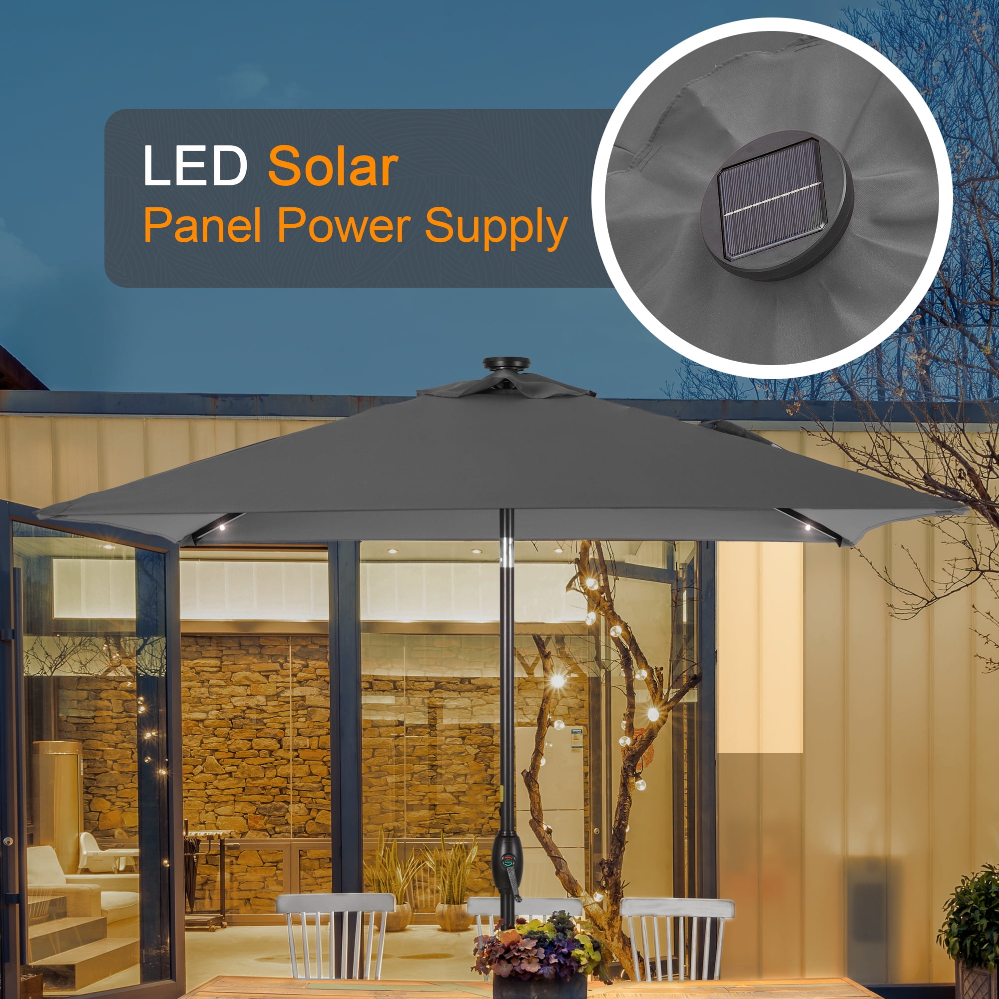 ACEGOSES LED Outdoor Patio 6.5x6.5ft Deck Solar Light Market Umbrella, Outside Table Umbrellas With Polyester canopy,Gray