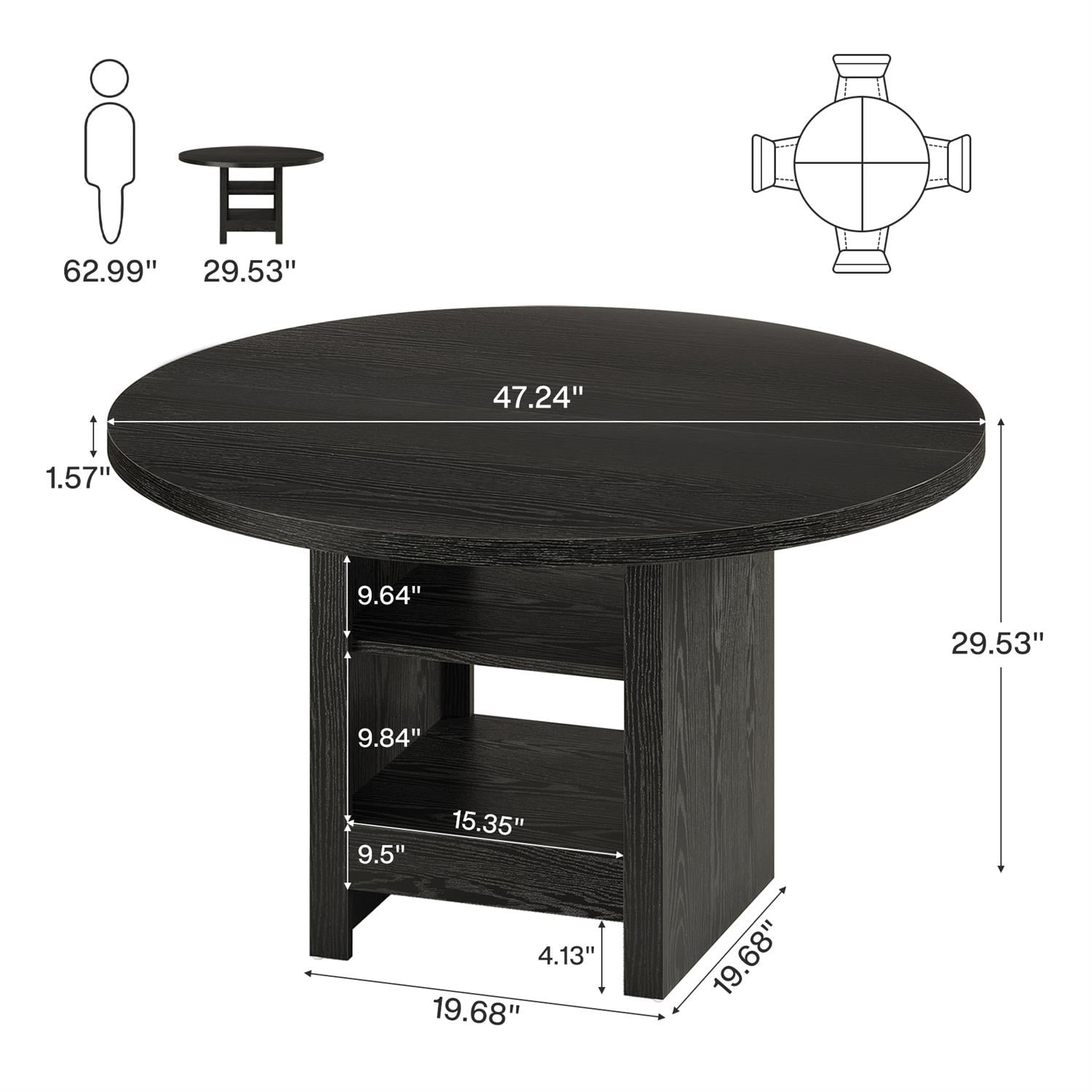 Demi Bonn 47" Round Kitchen Table, Compact Dining Set, Breakfast Nook, Perfect for Small Spaces, Black