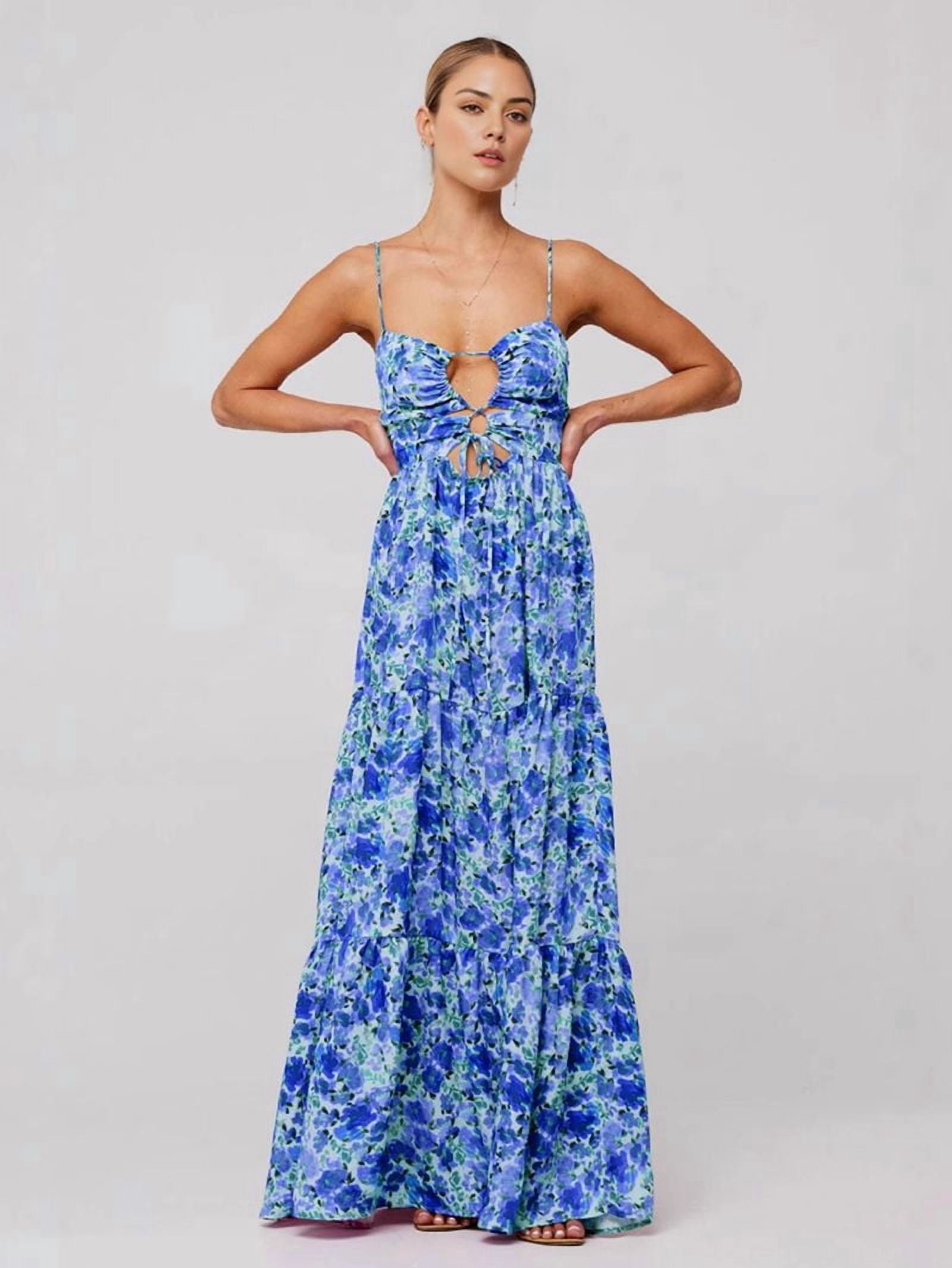 Summer Floral Sundress for Women Spaghetti Straps Hollow Out Tie Front Maxi Dress Flowy Smocked - Dress Blue M