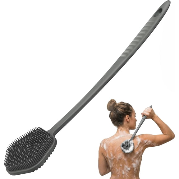 Silicone Back Scrubber for Shower Brush, 17 inch Long Handled Silicone Body Scrubber for Men & Women, Double Sided Shower Scrubber for Body Brush Exfoliator and Massage, Gray