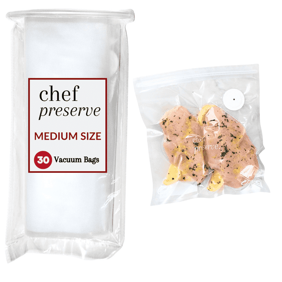 Chef Preserve Reusable Vacuum Sealer Bags for Food – 30 BPA-Free Medium (10 x 11 in) Food Storage Bags, Freezer, Microwave – Odor-Resistant, Leak-Proof – Compatible with Chef Preserve Vacuum Sealers