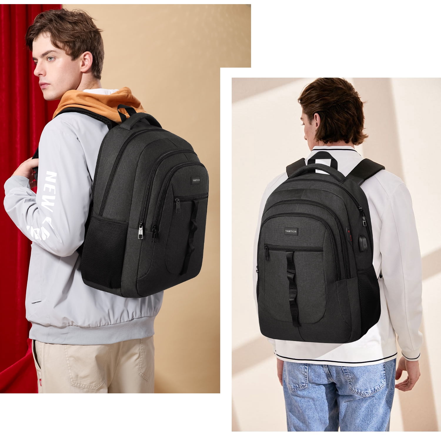 Black Backpack for Men ,School Bookbag for Teen Boys Laptop Backpack with USB for Collge Travel  Work Business