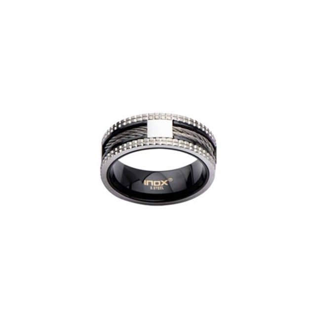 Inox Jewelry FR1402-13 Grid Groove On Sides & Cable Inlayed Stainless Steel Ring - IP Black - 13 in.