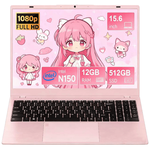 Restored Akocrsiy 15.6" Laptop Computer, 12GB RAM 512GB SSD, FHD Display with Intel N150 (up to 3.6GHz), Windows 11 Pro Laptop, Fingerprint, Backlit KB, Pink