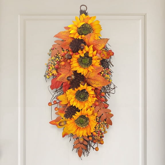 Fall Wreath Door Wreath Fall Swag for Thanksgiving Seasonal Wreath for Front Door 22" Length Swag with Maple, Pine and Orange Sunflower