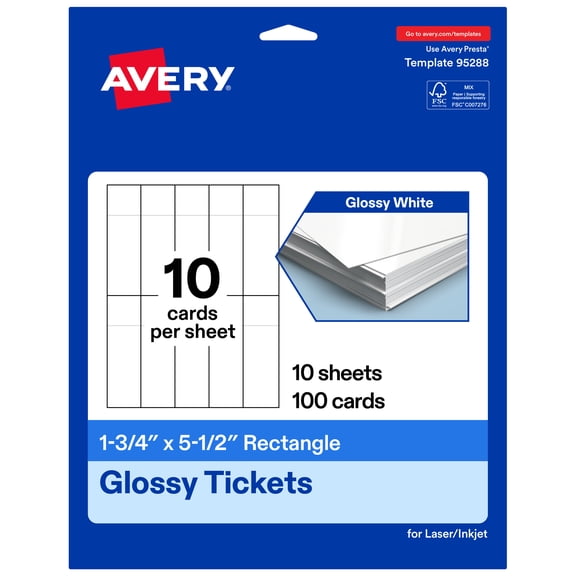 Avery 1-3/4" x 5-1/2" Rectangle Tickets, Glossy White, 100ct