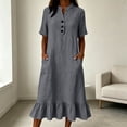 thumbnail image 2 of Husipze Womens Summer Cotton Linen Midi Dress Elbow Length Sleeve Button Front V Neck Casual Loose Dress with Pockets Dark Gray S, 2 of 8