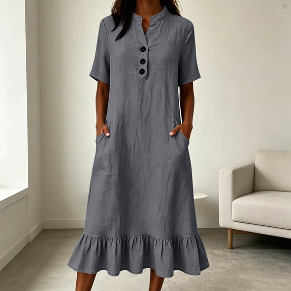Ynynloco Women's Summer Cotton Linen Half Sleeves Button Down Casual Loose Ruffle Midi Dress with Pockets