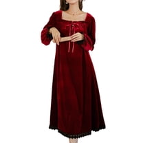 Defitshape Women's Warm Long Sleeve Nightgown Tea Length NightdressVelvet Sleep Dress Vintage Lace Pleated Burgundy Medium