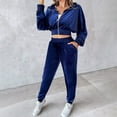thumbnail image 2 of UAMVSH Women Velvet 2 Piece Outfits Warm Fleece Full Zip up Cropped Jackets and Jogger Pants with Pockets Soft Long Sleeve Sets(Large,Blue), 2 of 6