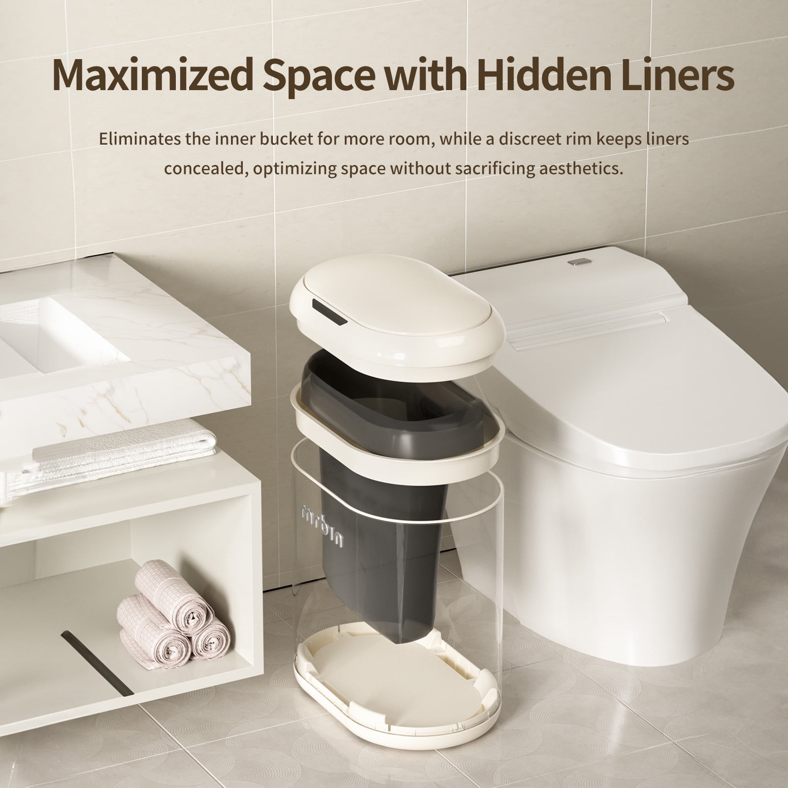 MRBIN Automatic Trash Can for Bathroom, Metal Touchless Garbage Bin with Lid, 3.2 Gallon Small Slim Trash Can for Office and Kitchen, Electric Motion Sensor Bedroom No Touch Bin, Cream White