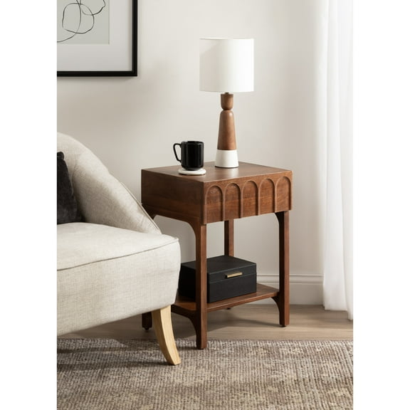 Kate and Laurel Archvale Modern Mango Wood Side Table with Storage Drawer, 18 x 14 x 24, Walnut Brown, Transitional Carved Wood End Table with Drawer and Bonus Shelf Below for Bedroom Nightstand