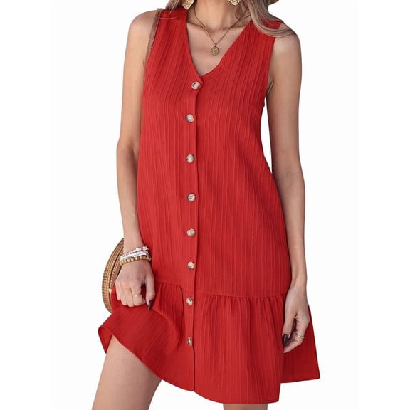 Women'S V Neck Solid Color Loose Sleeveless Dress Fashion Casual Summer Maxi Beach Gown Red S
