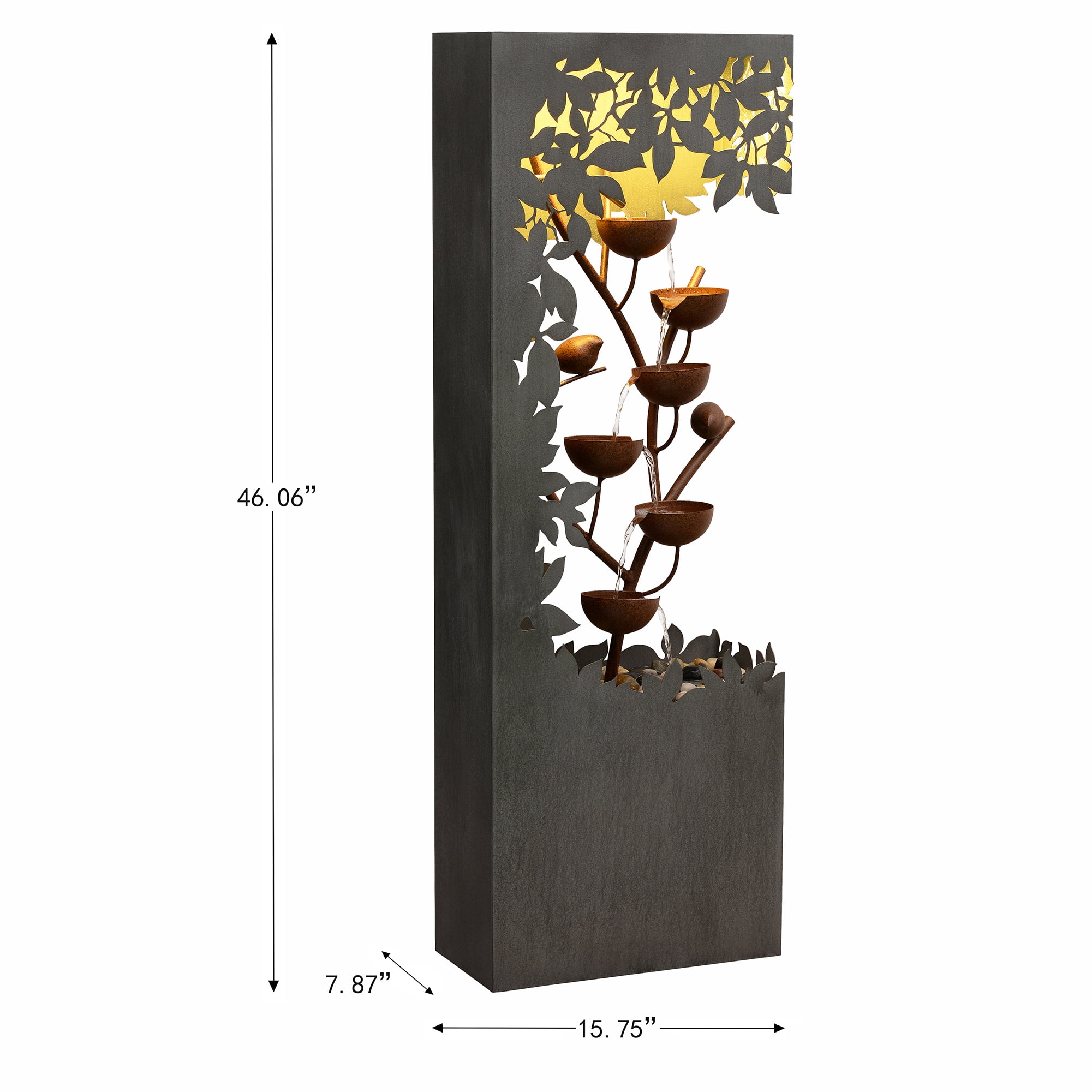 Gray Metal Flower Bowl Outdoor Fountain with Warm White LED Lighting - Outdoor