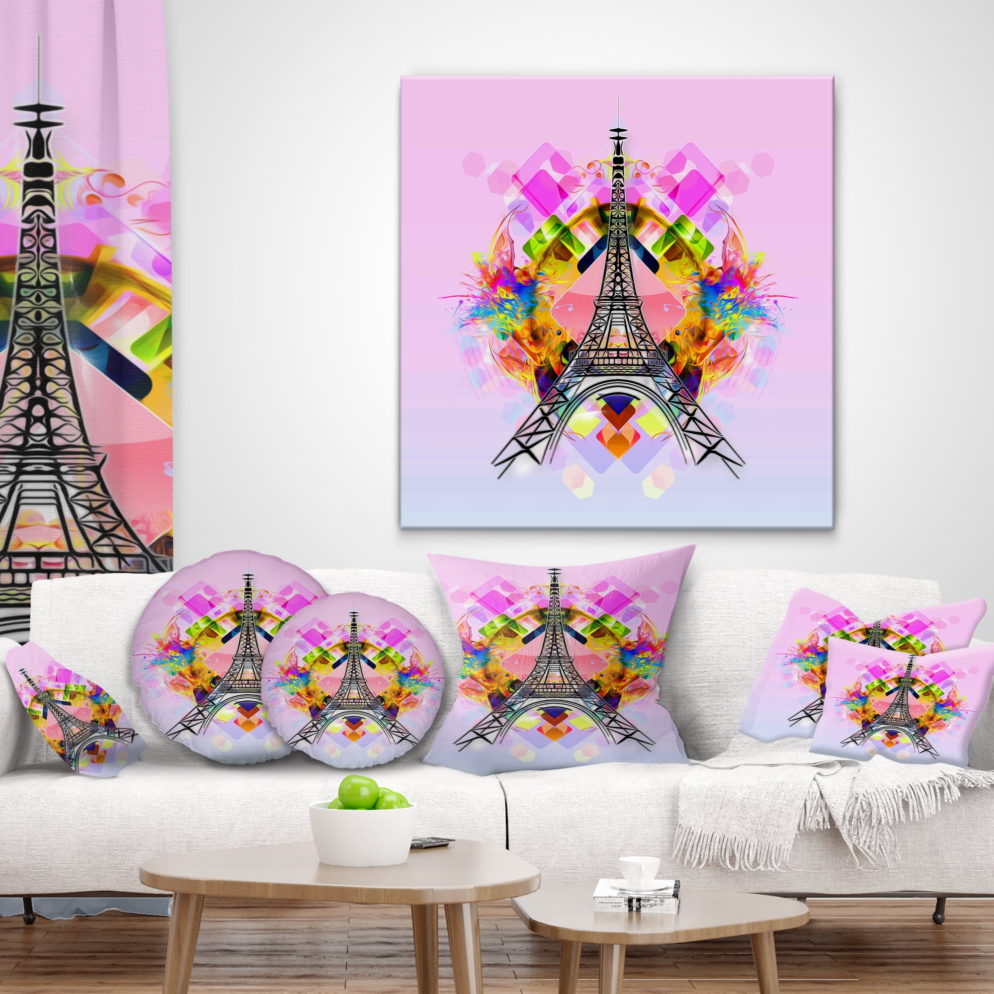 Designart Bright Paris Eiffel TowerCartoon - Abstract Throw Pillow - 18x18