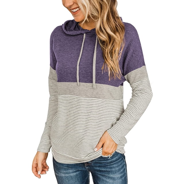 Women's Color Block Hoodies Fall Long Sleeve Sweatshirt Casual Drawstring Pullover Tops Striped Tunic Shirts