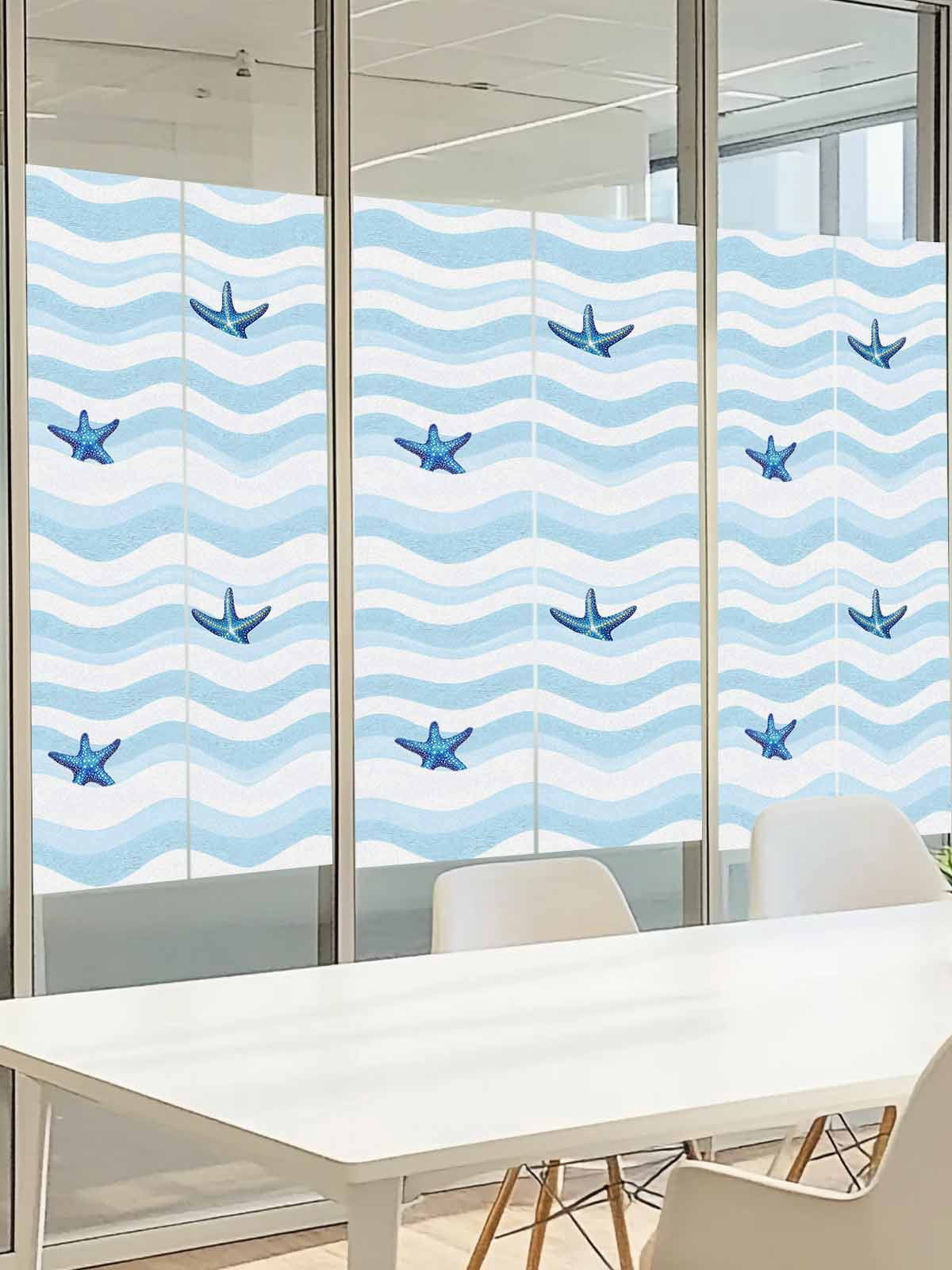 Abstract Ocean Waves Window Privacy Film, Nautical Starfish Blue White Stripes Frosted Glass Window Clings Static Cling UV Heat Blocking Reusable Door Sticker for Bathroom 23.6 x 59 Inch
