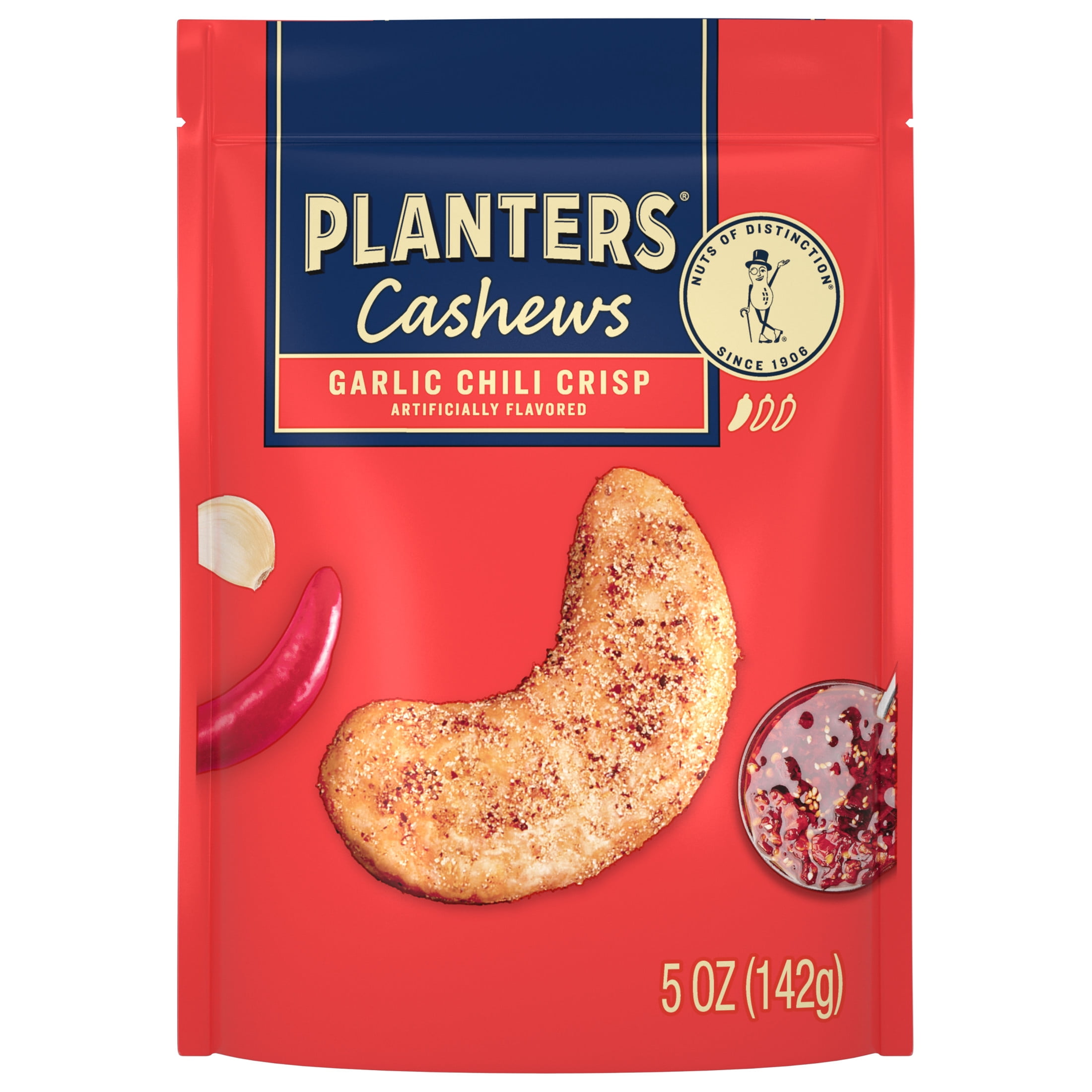 (6 pack) PLANTERS Garlic Chili Crisp Flavored Cashews, 5 oz Resealable Bag