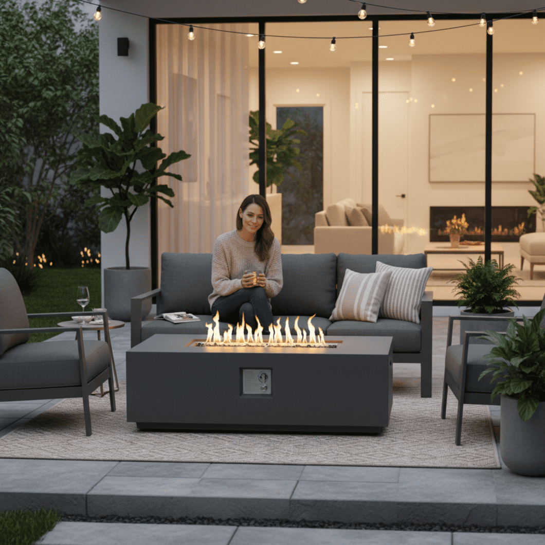 48" Propane Fire Pit Table, 50,000BTU Natural Gas Firepit Table with Lava Rock and Cover, Rectangule Concrete Fire Table with Adjustable Flame for Outside Patio, Light Grey