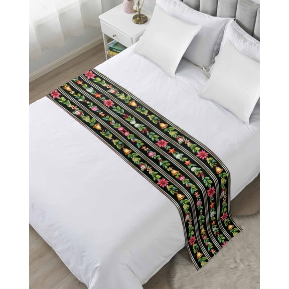Xipuska Christmas Black Bed Runners for King Size Bed, Decorative Bed Throws for Foot of Bed, Xmas Poinsettia Leaves Farmhouse Stripes Bed Runner Sofa Throw Bedding Scarf Slipcover for Bedroom