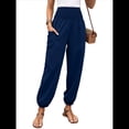thumbnail image 2 of Pantalones de Verano Bohemios Informales de Negocios, Plisados, Elásticos, de Cintura Alta, de Pierna y con Bolsillos para Mujer. Azul Marino L, 2 of 9