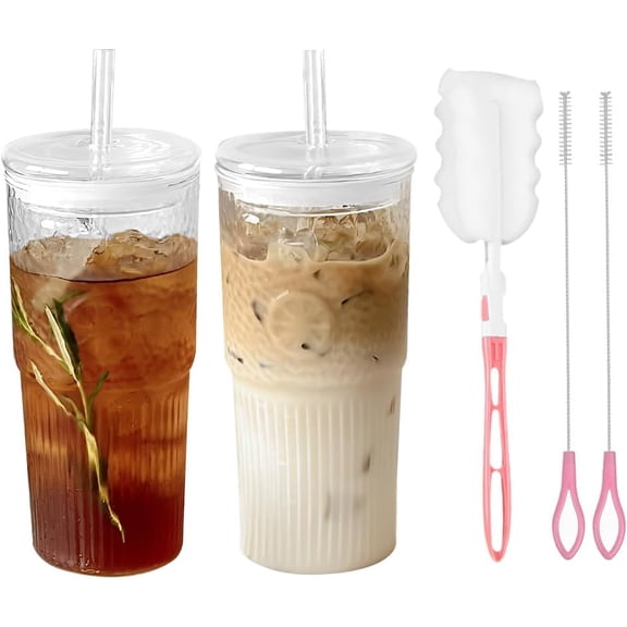 TPBSITNS 20oz Glass Cups with Lids and Straws, 2 Pack Glass Tumbler Reusable Drinking Glasses, Clear Iced Coffee Cups Set for Smoothies, Juice, Water