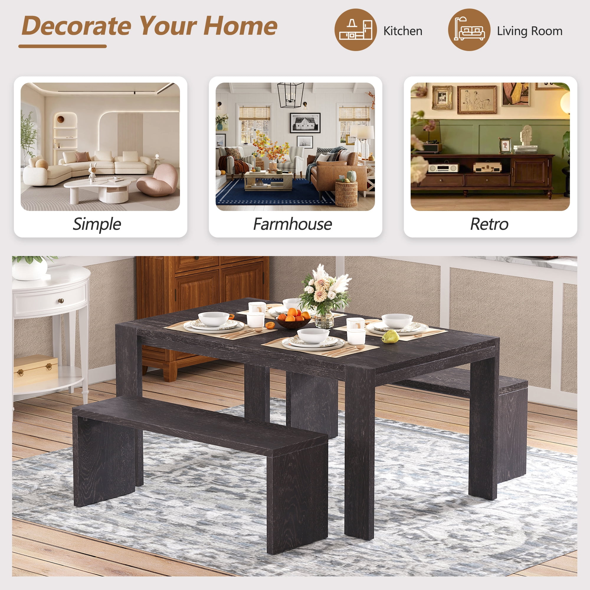 EUROCO 3-Piece Dining Table Set for 4, 60" Wood Kitchen Room Table Set with 2 Benches,Space-Saving Design for Apartment, Small Space and Breakfast Nook,Espresso