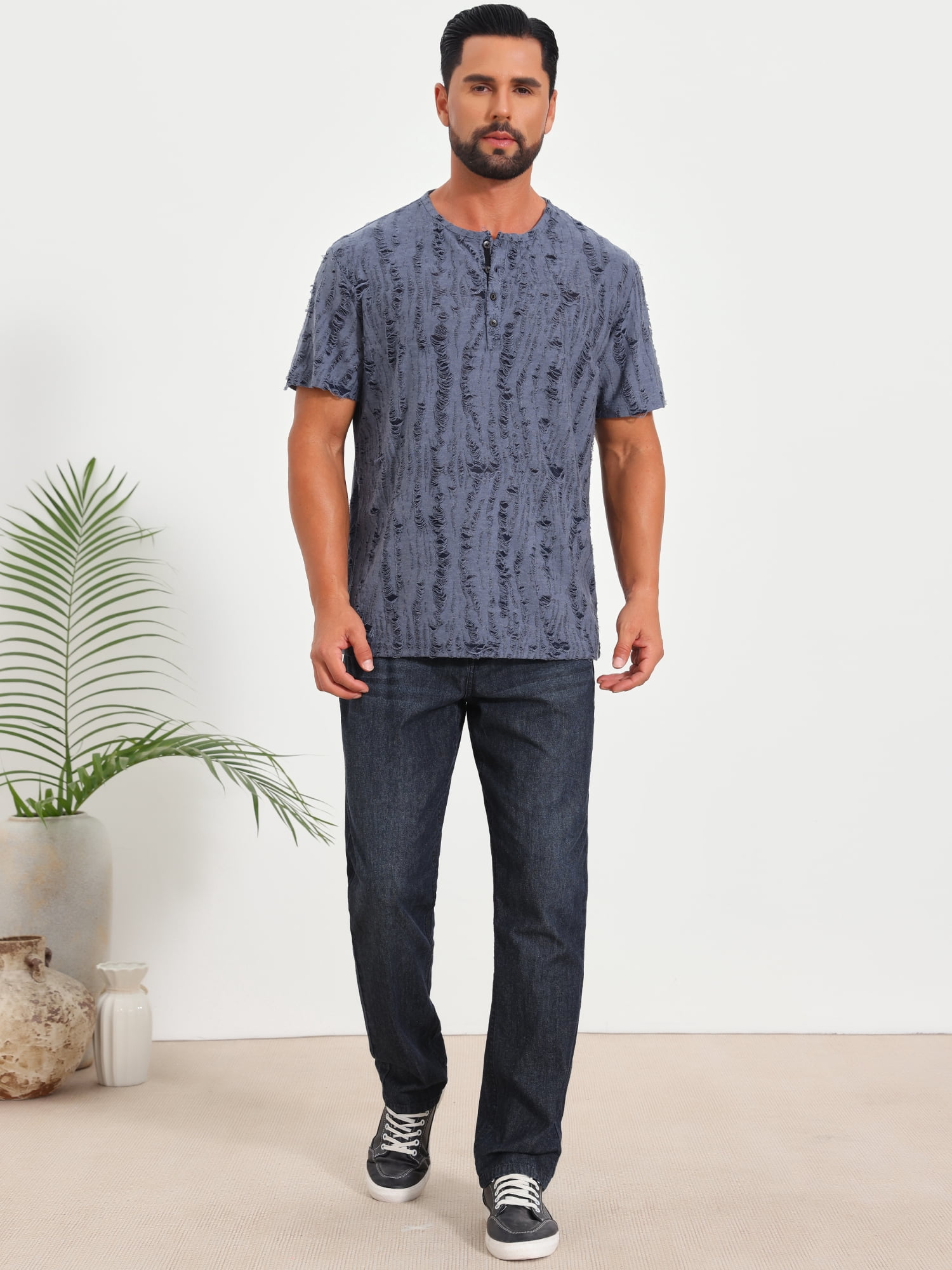DARING DIVA Men's Ripped Henley Retro Short Sleeve Button Down T-Shirt S Gray Blue