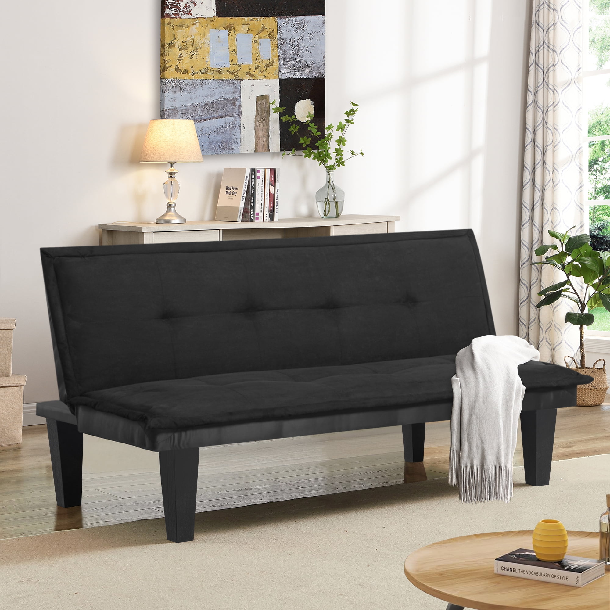 HOQBN Futon Sofa Bed,Modern Faux Suede Convertible Sleeper Sofa Bed with 3 Adjustable Backrest Angles,Upholstered Couch Loveseat for Apartment,Living Room,Small Space,Black