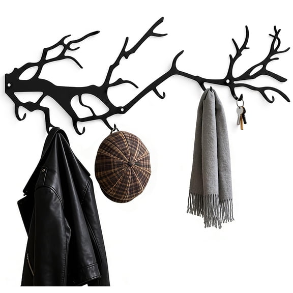 Tree Branch Wall Mounted Coat Rack, Black Sturdy Metal, 6 Decorative Hooks for Coats, Hats, Bags, Towels, Entryway Home Wall Decor