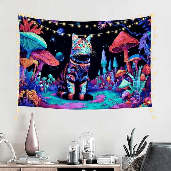 RKSupls Blacklight Cat Tapestry, Fantasy Mushroom Tapestry Suitable for Hanging for Decorative Wall Hanging, Decorative Bedroom, Living Room Decoration - 60*40in