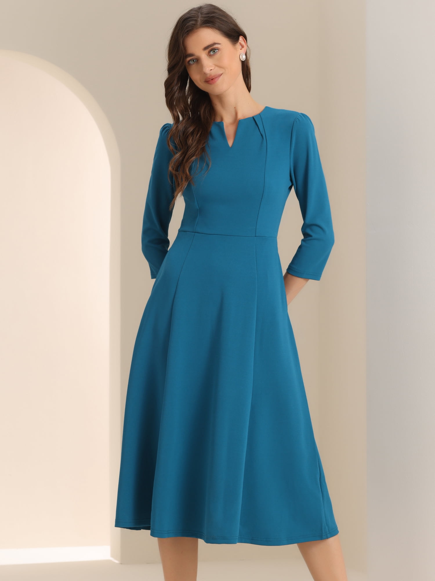 DARING DIVA Work Office Elegant 3/4 Sleeve V Neck A-Line Dress XL Peacock Blue