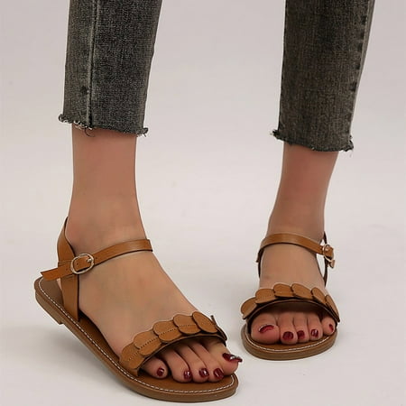 

〖Yilirongyumm〗 Brown 38 Sandals Women Ladies Fashion Summer Solid Color Leather Heart Decorative Flat Buckle Sandals