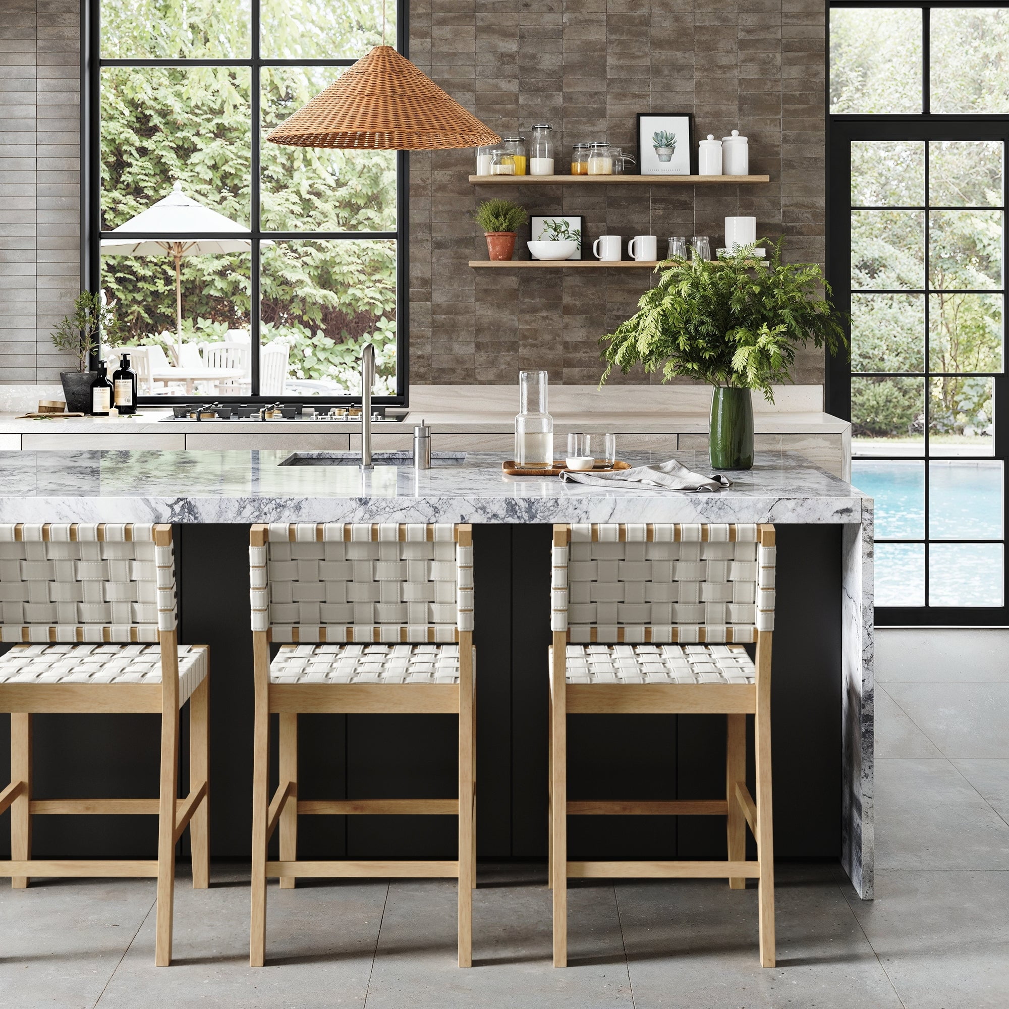 Nathan James Cohen Mid Century Modern Bar Stool, Upholstered Faux Leather Counter Stool with Back and Solid Wood Legs, Off White