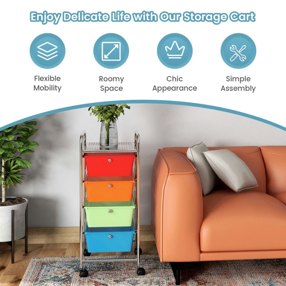 Demi Bonn 4-Drawer Cart Storage Bin Organizer Rolling with 4 Universal Casters, Transparent Multicolor