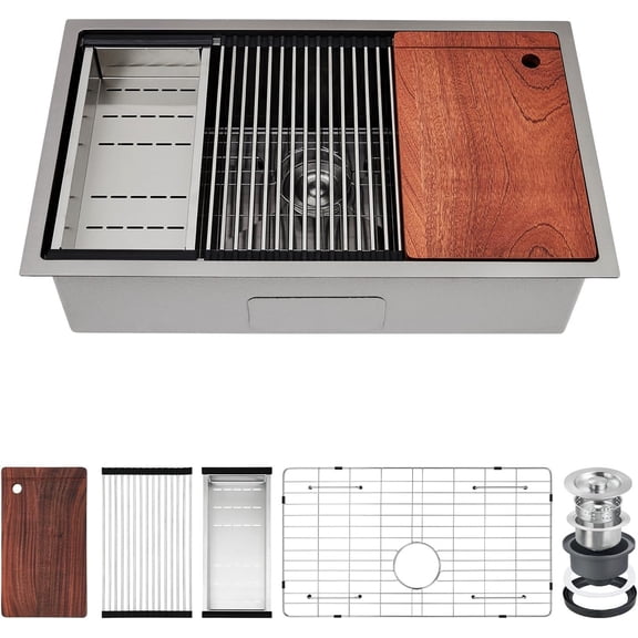 32x19in Undermount Kitchen Sink 16 Gauge 304 Stainless Steel 10in Deep Single Bowl Workstation with Accessories X-Drain Sound Dampening Modern Countertop Sink
