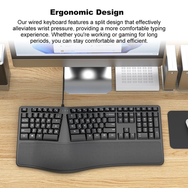 110-key Ergonomic Keyboard Wired Keyboard K110 Arched Keyboard Curved Keys Padded Palm Rest Full Size Keyboard Expression Keys Business Office 110 Keys Black