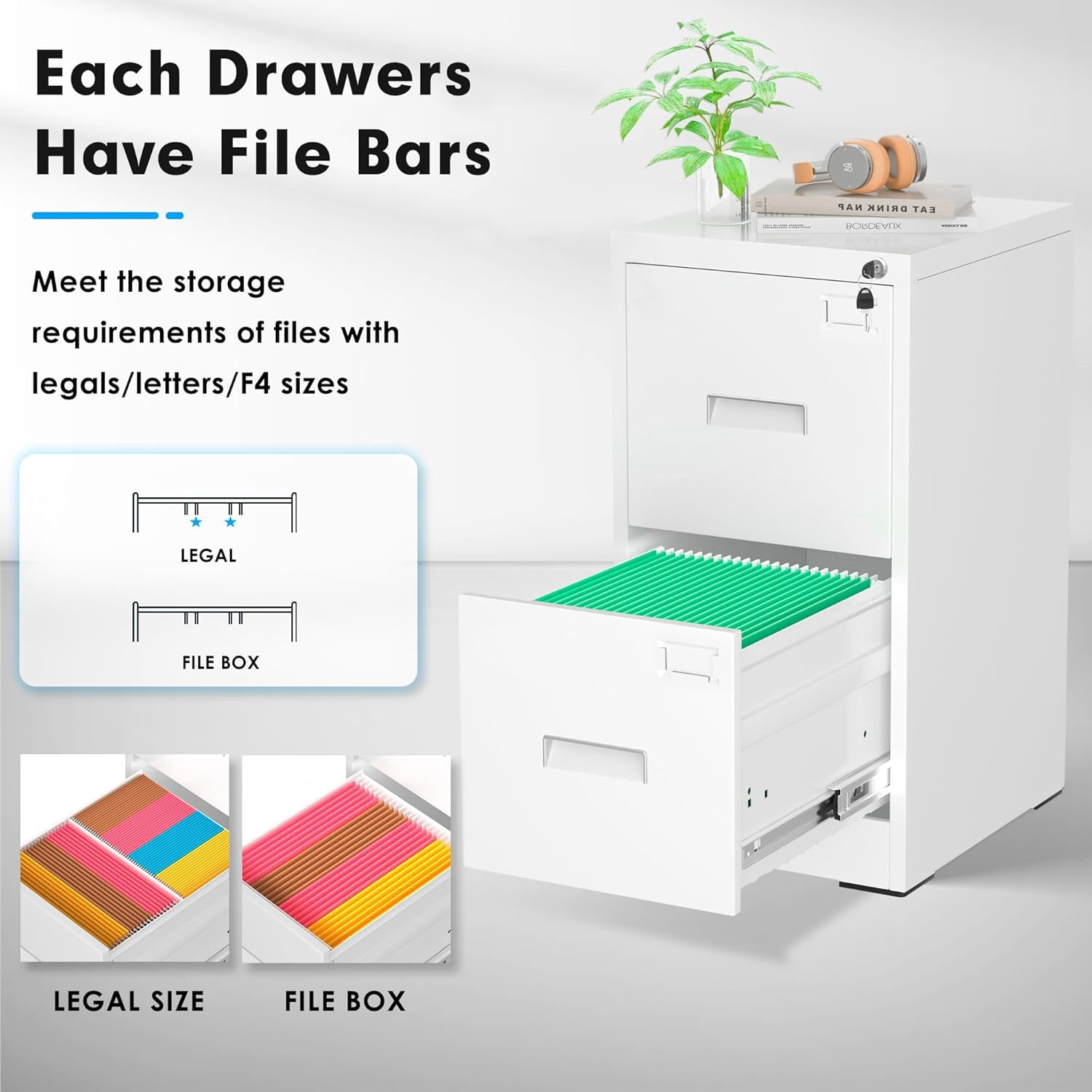 SOLAURA  18" Deep 2 Drawer Vertical Letter File Cabinet, White