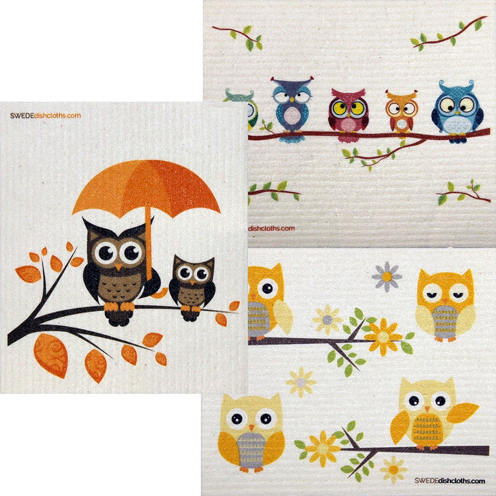 Swedish Dishcloths Mixed Owls Set of 3 Eco Friendly Sponge Cloth