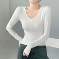 thumbnail image 2 of Outfmvch Long Sleeve Tops for Women Stretch Crewneck Ribbed Round Neck Double Lined Basic Tee Slim Fitted Long Sleeve Slim-fit Scoop Neck Ribbed Knit Long Sleeve Fitted Shirt Womena1_white S, 2 of 4