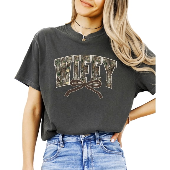 Wifey Camo Varsity Letter T-Shirt for Women - Coquette Bow Graphic Tee - Camouflage Wife Shirt Pepper Shirt Adult Small