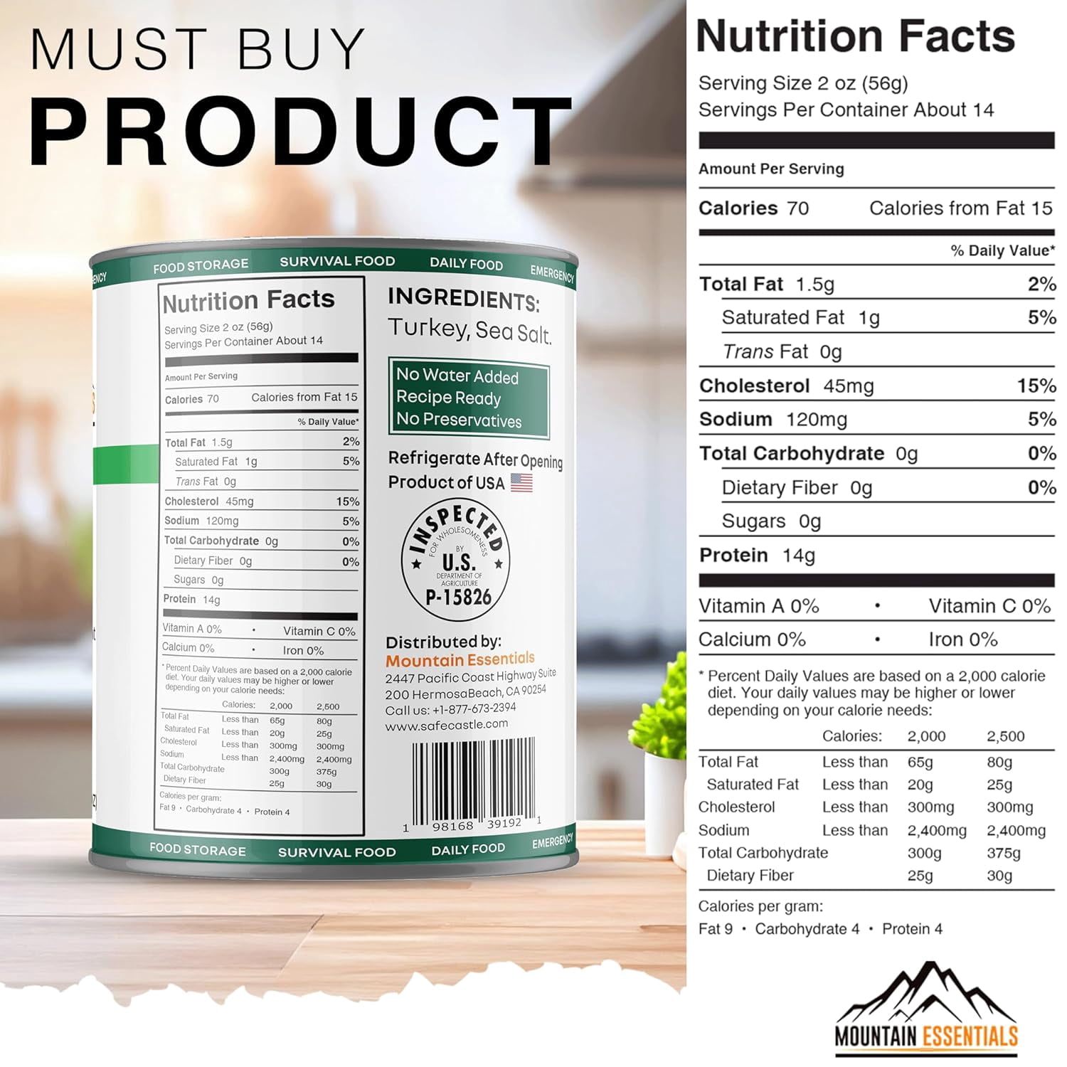 Mountain Essentials All Natural Canned Turkey 28 oz | Fully Cooked, Ready to Eat White Meat | Emergency Food & Pantry Staple | Pack of 1