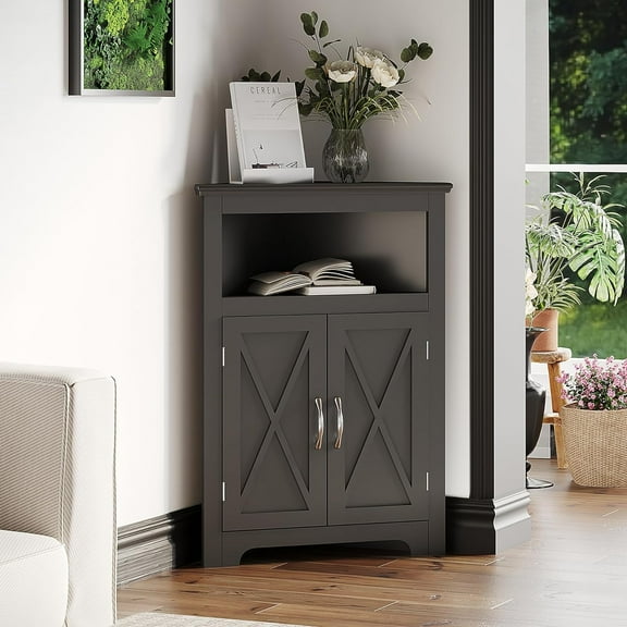 Farmhouse Corner Cabinet, Small Corner Storage Cabinet with Barn Door Design and Adjustable Shelf, Home Space Saver for Living Room, Bathroom, Kitchen