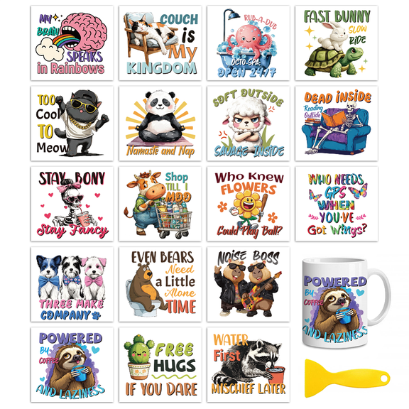 18 Sheets Rub On Transfers Crafts Interesting Animals and Humorous Copywriting 3.6"x3.9" UV DTF Cup Wrap Waterproof Cold Transfers Stickers