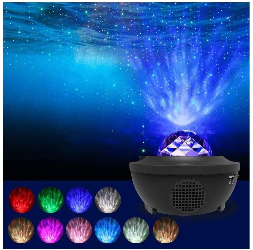 Lumiparty Starry Ocean Wave Night Light with Remote Control, 360° Rotating Bluetooth USB LED Projection Lamp for Kids Adults Gift