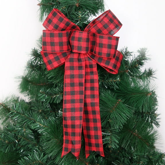6 Pcs Large Fall Thanksgiving Christmas Bow - 13.4x8.2 Inch Black Red Buffalo Plaid Bow Christmas Tree Topper Bow Ornaments for Home (Black and Red）