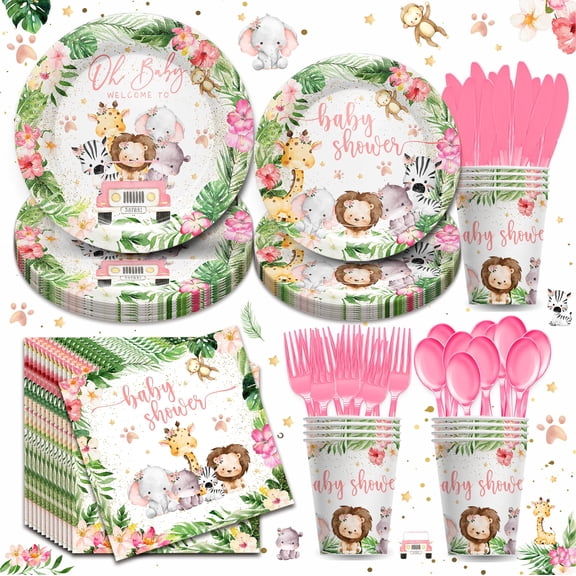 168Pcs Safari Birthday Supplies For Girl - Animal Jungle Baby Shower Party Decorations Include Plates, Cups, Napkins, Tableware, Wild Birthday Baby Shower Decorations | 24 Guests