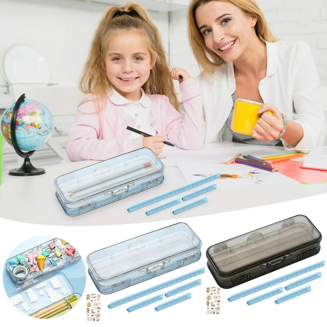 Estuche de lápices de plástico transparente de gran capacidad | Tapa de doble apertura y cierre de cierre | Organizador de papelería mono con pegatina incluida | Diseño apilable para bolígrafos